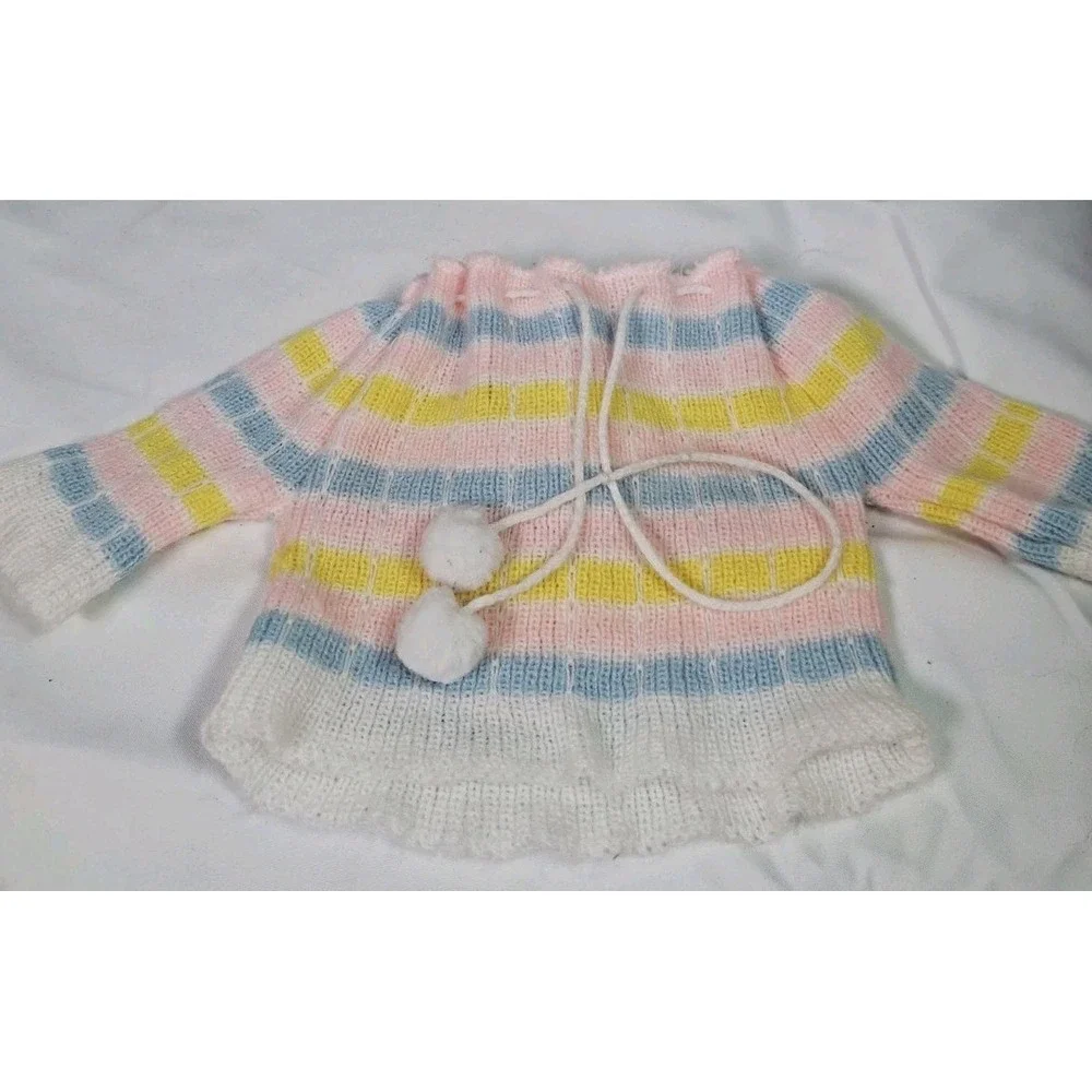 Vintage Hand Knit Doll Outfit Hat Sweater Footed Pants Baby Doll Pink Yellow Pom